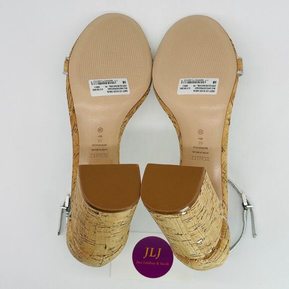 Schutz Women's Cadey Lee Block Cork Silver Leather Causal Sandal Heels Size 9 - Picture 10 of 12